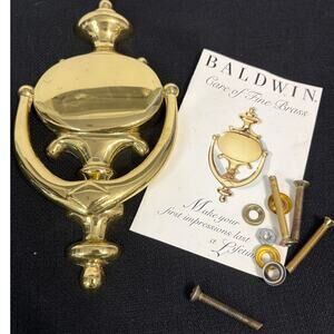 NEW Baldwin Solid Brass Door Knocker Polished Brass w/ Hardware & Original Card